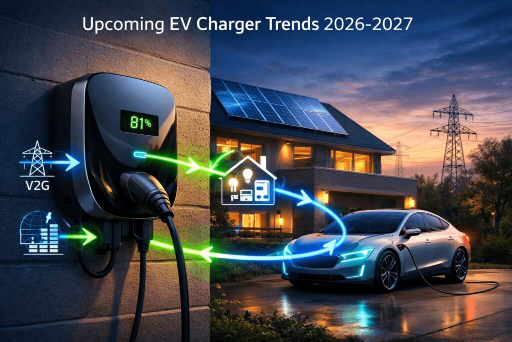 Upcoming EV charger trends 2026-2027 V2G bidirectional what to buy now — bidirectional home EV charger powering a house with energy flow visualization