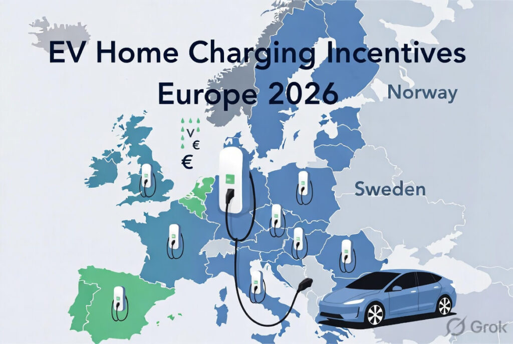 EV home charging incentives Europe 2026 – Infographic map of Europe showing EV charger grants, rebates and subsidies across different countries
