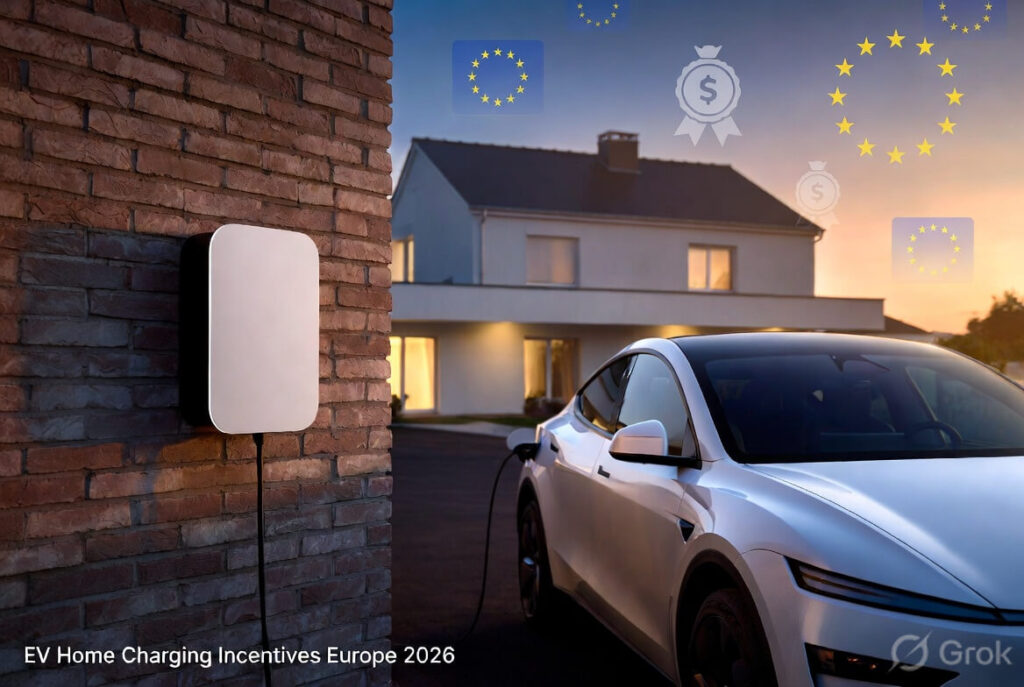 EV home charging incentives Europe 2026 – Modern European home with electric car and wallbox charger installation showing government grants and rebates