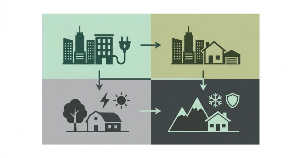 Flat design four quadrant decision framework infographic showing urban apartment urban homeowner rural solar and rural cold climate home EV charging scenarios, created to support our honest guide to urban vs rural home EV charging US cities European villages helping EV owners identify which charging solution matches their specific location and living situation in 2026