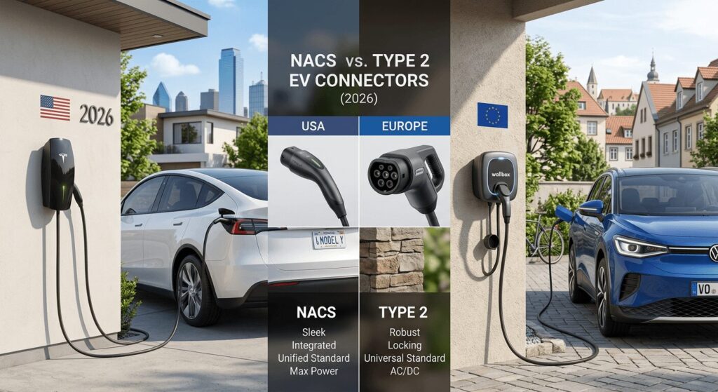 NACS vs Type 2 future-proof EV chargers US Europe 2026 – Tesla Wall Connector in the US versus Wallbox Pulsar Plus with Type 2 in Europe
