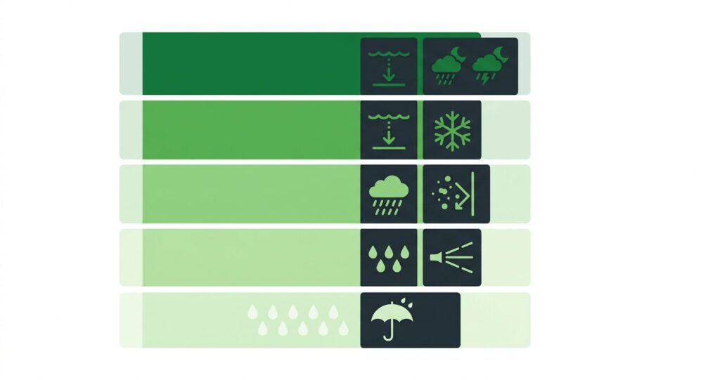 Flat design IP protection scale infographic showing five levels from IP44 to IP68 with progressive weather resistance indicators including rain drops dust particles snowflakes and submersion depth symbols, created to support our weatherproof EV chargers 2026 IP ratings US UK guide helping US and European homeowners choose the right outdoor protection level for their specific climate and installation type