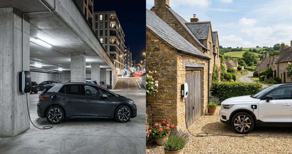 Split composition showing an underground urban car park EV charger installation on the left and a rural European stone cottage wall charger on the right, visually representing the core urban vs rural home EV charging US cities European villages comparison between city apartment charging challenges and village home charging solutions in 2026