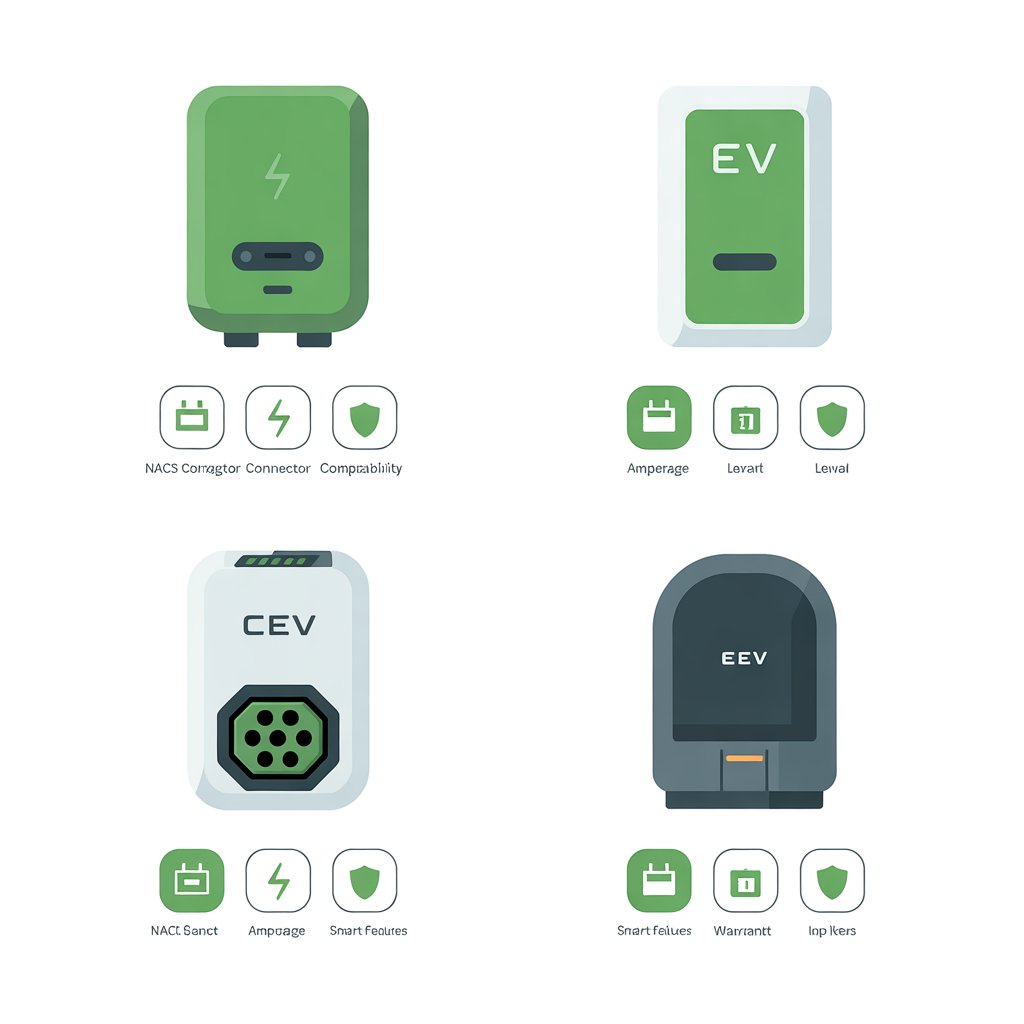 Flat design comparison infographic showing four home EV charger options with NACS compatibility amperage smart features and warranty indicators, created to support our honest guide to the best home chargers Tesla Model Y Model 3 2026 helping owners choose between Tesla Wall Connector Emporia Pro Grizzl-E and ChargePoint Home Flex