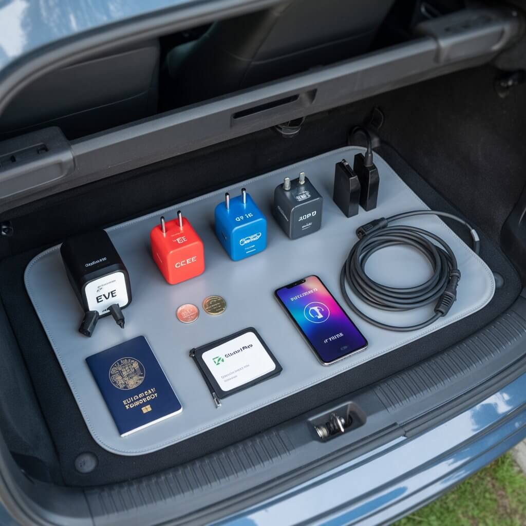 Flat lay of a road trip charging kit 2026 portable options for US and European drivers including portable EVSE unit, red 32A CEE adapter, blue 16A campsite commando adapter, NEMA 14-50 adapter, NACS to J1772 adapter, extension cord, smartphone with PlugShare app, Chargemap card, and travel bag on a car boot mat.