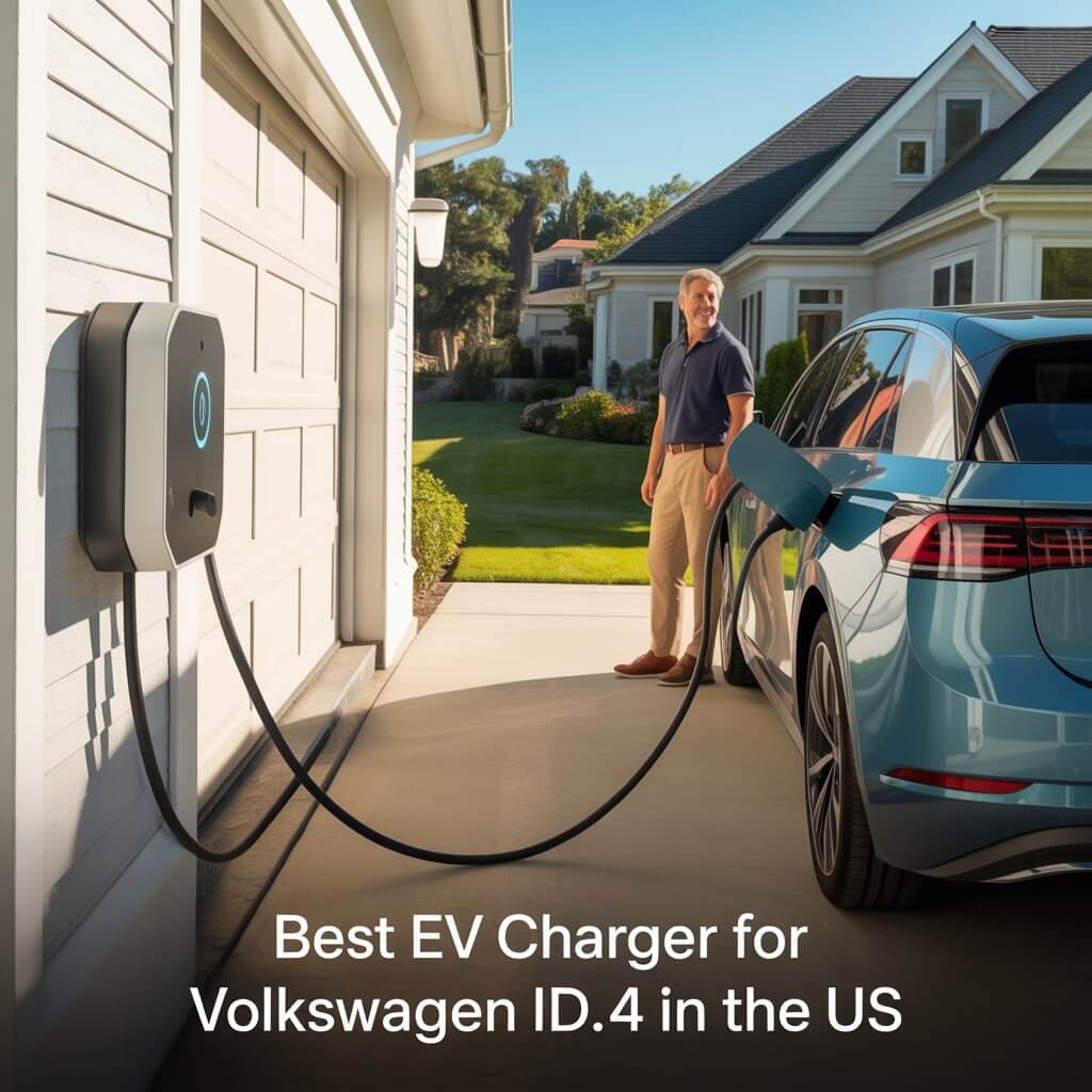 best EV charger Volkswagen ID.4 ID.3 Europe US – ChargePoint Home Flex J1772 charger connected to a VW ID.4 in an American home driveway