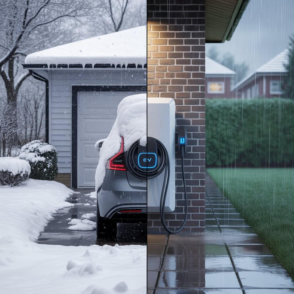 Split composition showing a home EV wall charger covered in snow in a US winter setting on the left and the same charger type in heavy British rain on the right, visually representing the core weatherproof EV chargers 2026 IP ratings US UK comparison between snowy American winters and rainy UK summers that every outdoor EV charger buyer needs to understand before purchasing