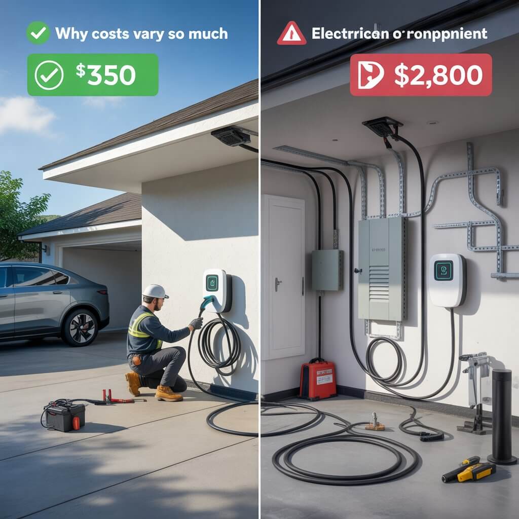 Professional EV charger installation costs 2026 US UK Europe visualized with simple vs complex home setups