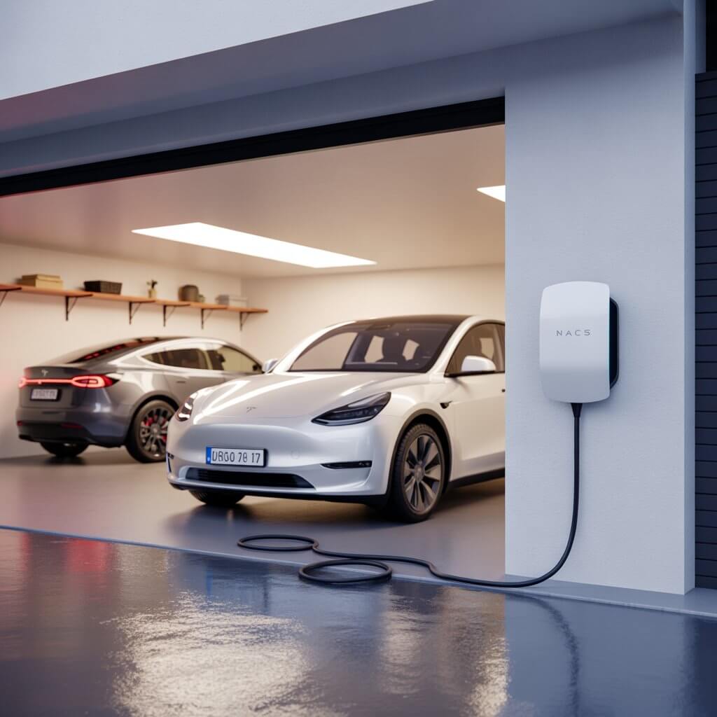 White Tesla Model Y plugged into a NACS wall charger in a modern home garage with a Tesla Model 3 visible in the background, representing the ideal home charging setup covered in our guide to the best home chargers Tesla Model Y Model 3 2026 for US owners choosing between NACS and J1772 options