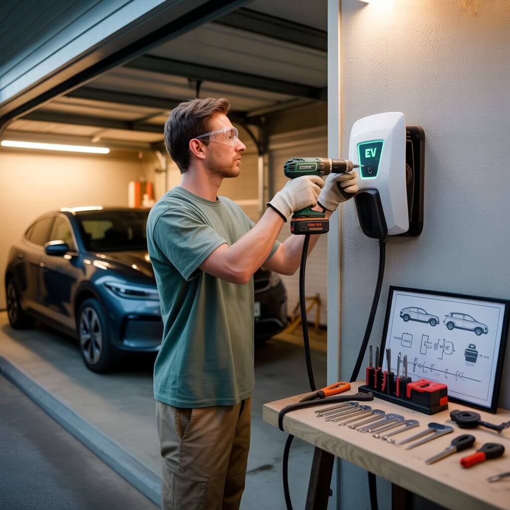 Homeowner installing a Level 2 EV wall charger in a US garage with safety glasses work gloves and wiring tools on the workbench, representing the genuine DIY EV charger installation 2026 US Europe scenarios where plug-in and pre-existing circuit installations are accessible to competent homeowners without a licensed electrician