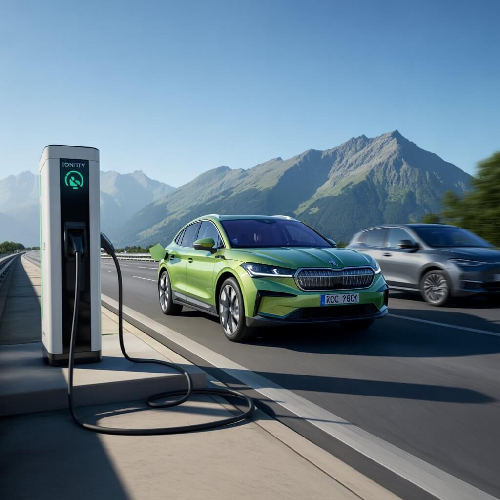 Charging Guide Renault 5 Skoda Enyaq Compact EVs Europe 2026 – Skoda Enyaq fast charging on European motorway