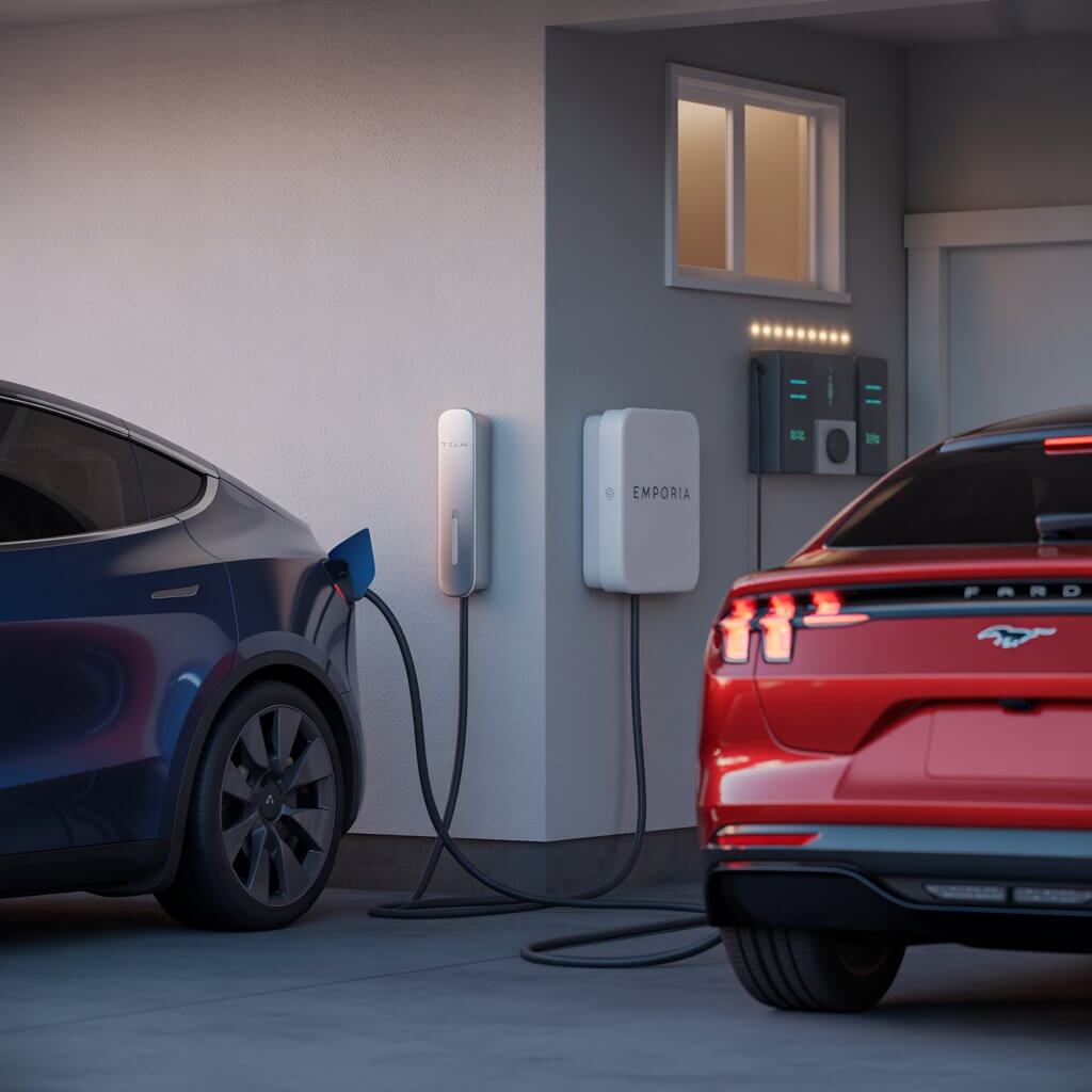 Real-world case study US family with two EVs Tesla plus Ford Mach-E charging setup showing a Tesla Model Y connected to a Tesla Wall Connector and a Ford Mach-E connected to an Emporia Pro charger inside a home garage, with an energy monitor visible on the electrical panel.