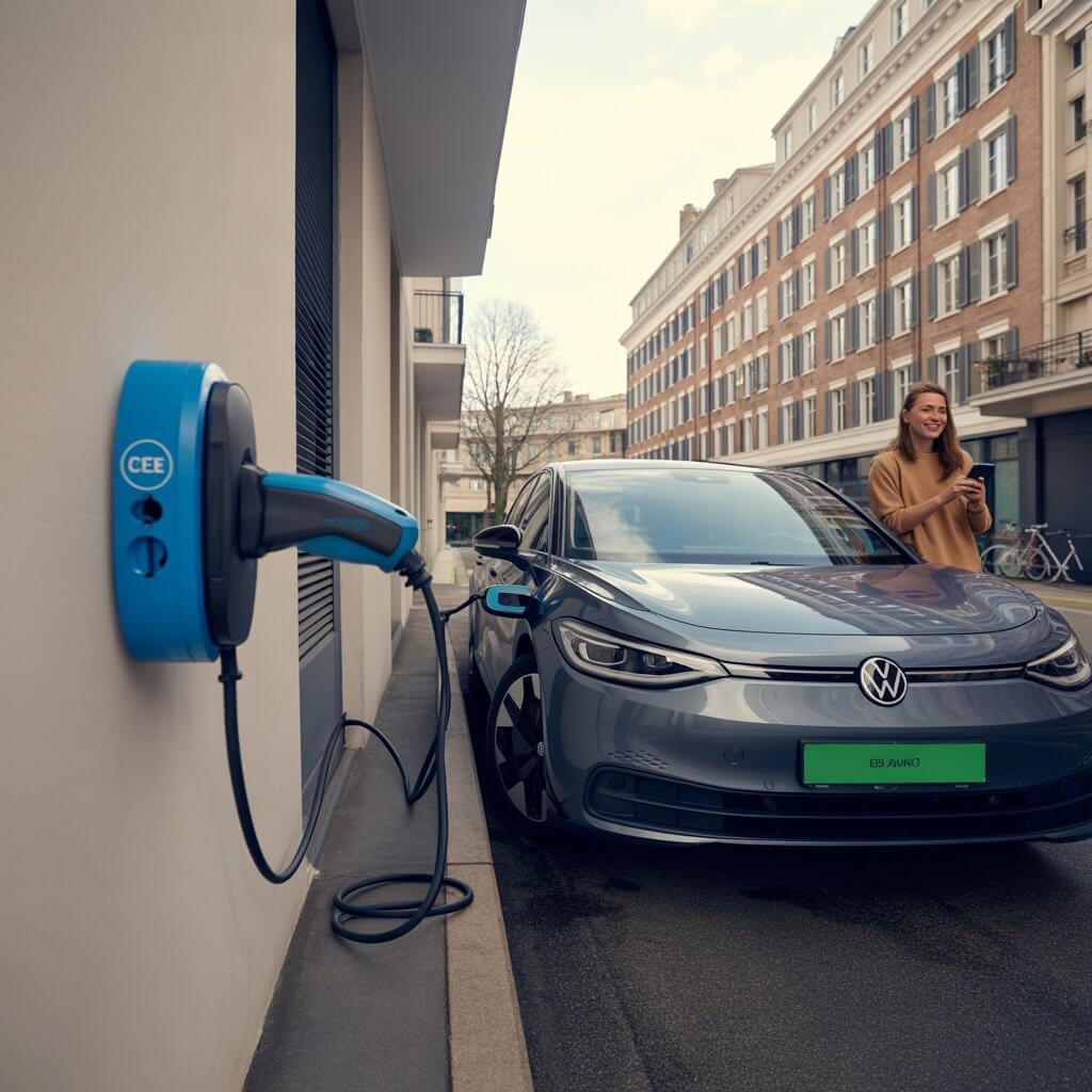 Europe apartment charging best solutions for Renault 5 or VW ID.3 owners - A grey VW ID.3 charging via a Juice Booster 2 portable charger plugged into a blue CEE socket on an apartment building exterior, demonstrating a renter-friendly no-installation charging method for European flat dwellers.