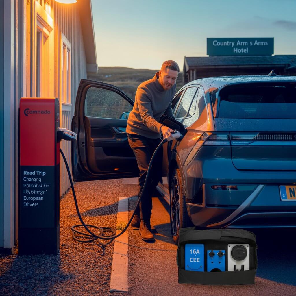 An EV driver charging overnight using a road trip charging kit 2026 portable options for US and European drivers with a 32A commando adapter connected to a rural hotel workshop socket at dusk.