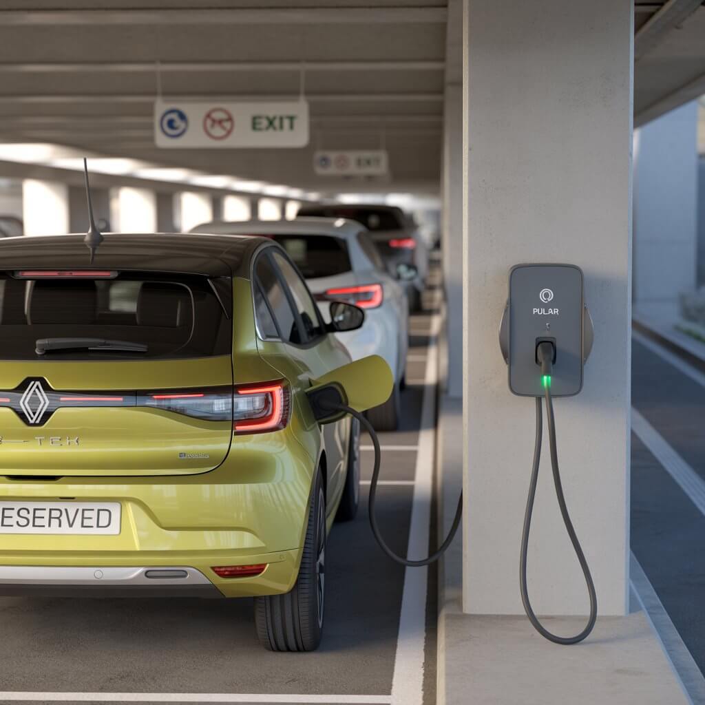 Europe apartment charging best solutions for Renault 5 or VW ID.3 owners - A yellow Renault 5 E-Tech Electric connected to a Wallbox charger in an underground apartment parking garage in Europe, showing a practical home charging setup for flat residents.