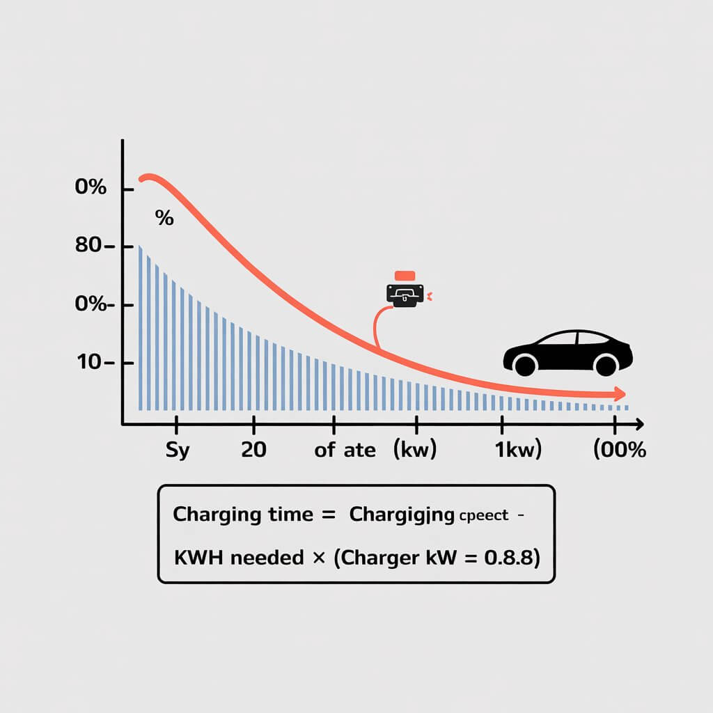 EV charge time calculator 2026 how long to full for your model in US and Europe — comparison infographic showing Tesla Model Y home charging time, VW ID.4 DC fast charging time, and Renault 5 street charging time for real-world planning.