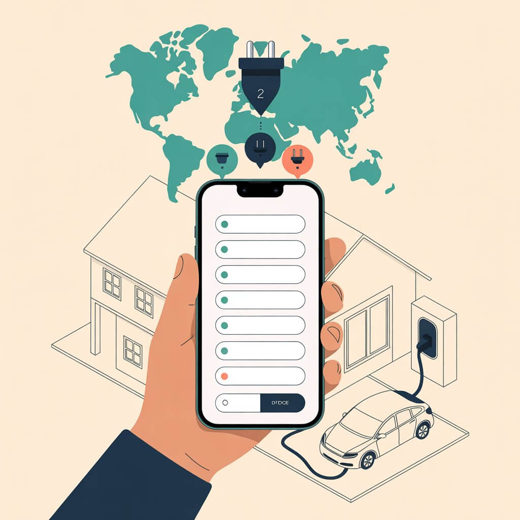 interactive EV charger selector tool US NACS J1772 or Europe Type 2 edition — smartphone displaying a 7-question EV charger quiz with a map of North America and Europe above showing NACS, J1772 and Type 2 plug icons dropping into their respective regions.