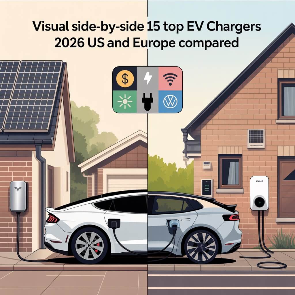 Visual side-by-side 15 top EV chargers 2026 US and Europe compared — split-screen illustration showing US home with Tesla Wall Connector and solar panels versus UK home with Myenergi Zappi charger and smart meter, representing the cross-market comparison of top home EV chargers for 2026
