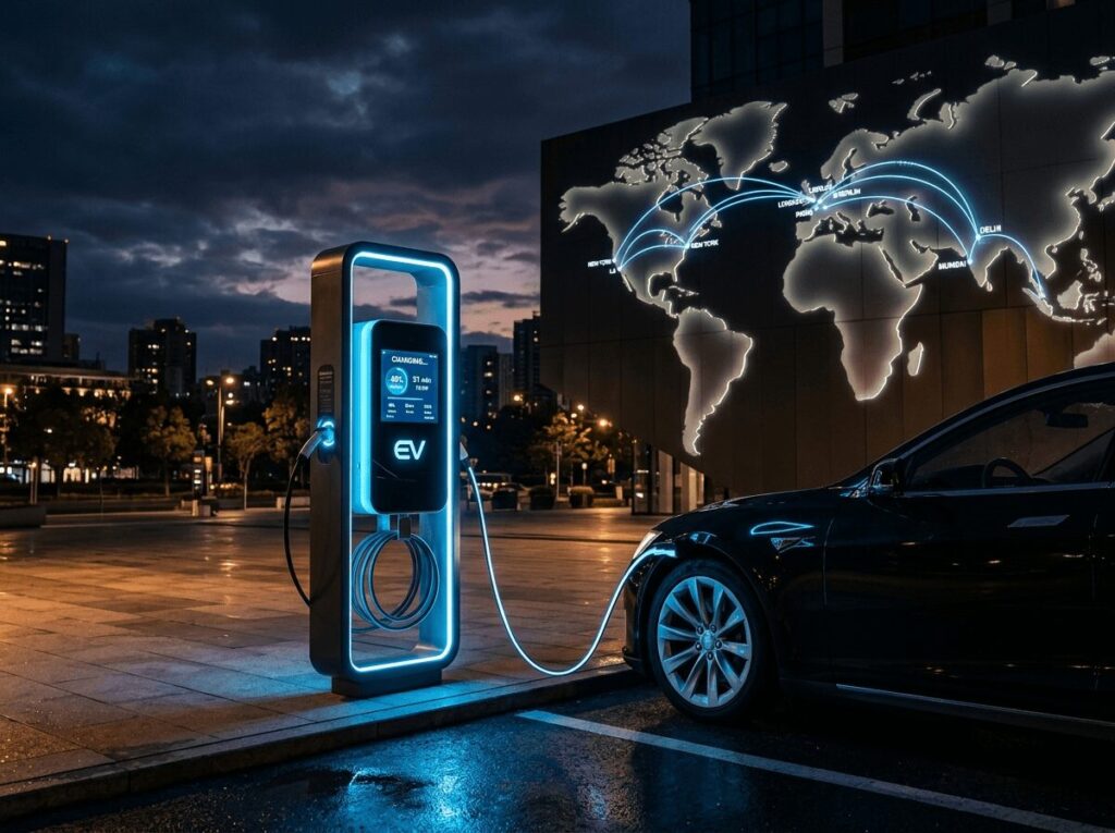 User Stories Real EV Charger Setups from US and Europe Readers — global charging network map showing reader cities connecting to India