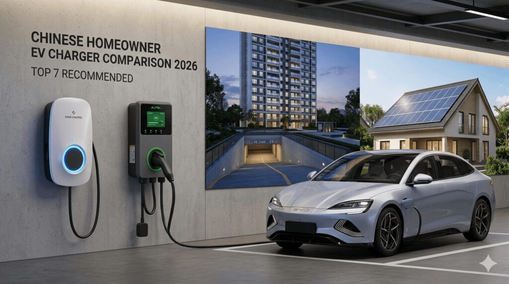 best home EV chargers 2026 top 7 comparison for Chinese homeowners Star Charge Autel — featured image showing two wall-mounted home EV chargers in a Chinese residential parking garage with apartment and villa context
