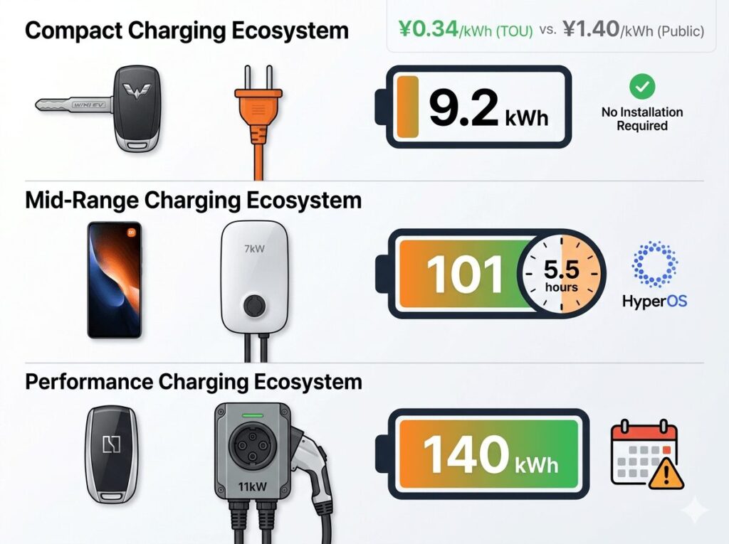 Detailed charging guide for Xiaomi SU7 Zeekr and Wuling Mini EV compact vs performance charging infographic showing battery sizes, kW speeds, and TOU costs