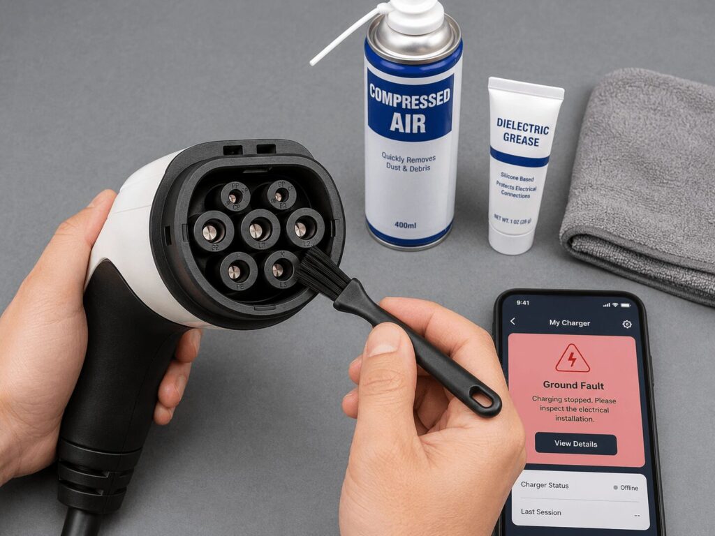 Troubleshooting home EV chargers common fixes for US and European models — close-up inspection and cleaning of an EV charging connector pins with soft brush, compressed air, and dielectric grease on a workbench with diagnostic app visible.