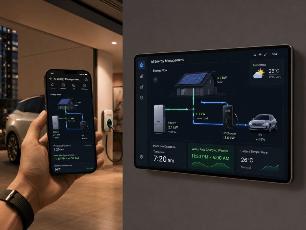 best smart EV chargers China 2026 Huawei Digital Power vs Xiaomi vs local innovators AI energy management dashboard showing solar, battery, EV charging, and predictive departure scheduling on a smartphone and wall display