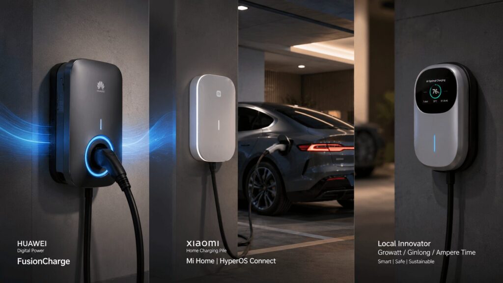 best smart EV chargers China 2026 Huawei Digital Power vs Xiaomi vs local innovators comparison chart showing three modern home charging units on a smart home background