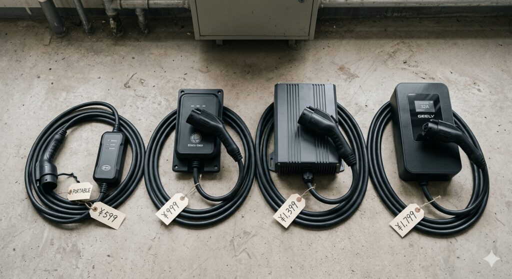 Comparison of four certified charger connectors from different price tiers under ¥2,000 — demonstrating that the best budget EV chargers under ¥2,000 2026 Chinese options that actually work range from basic ¥599 units to full-featured ¥1,799 smart chargers with IP65 protection