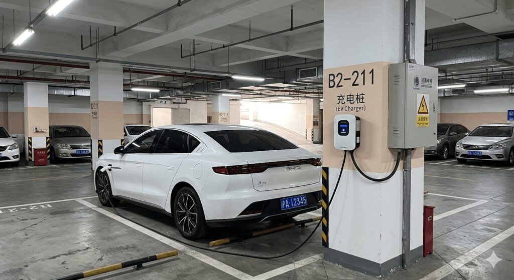 Best budget EV chargers under ¥2,000 2026 Chinese options that actually work — a BYD Han charging from a compact wall-mounted home charger in a Shanghai apartment parking garage, showing affordable overnight charging in real-world conditions