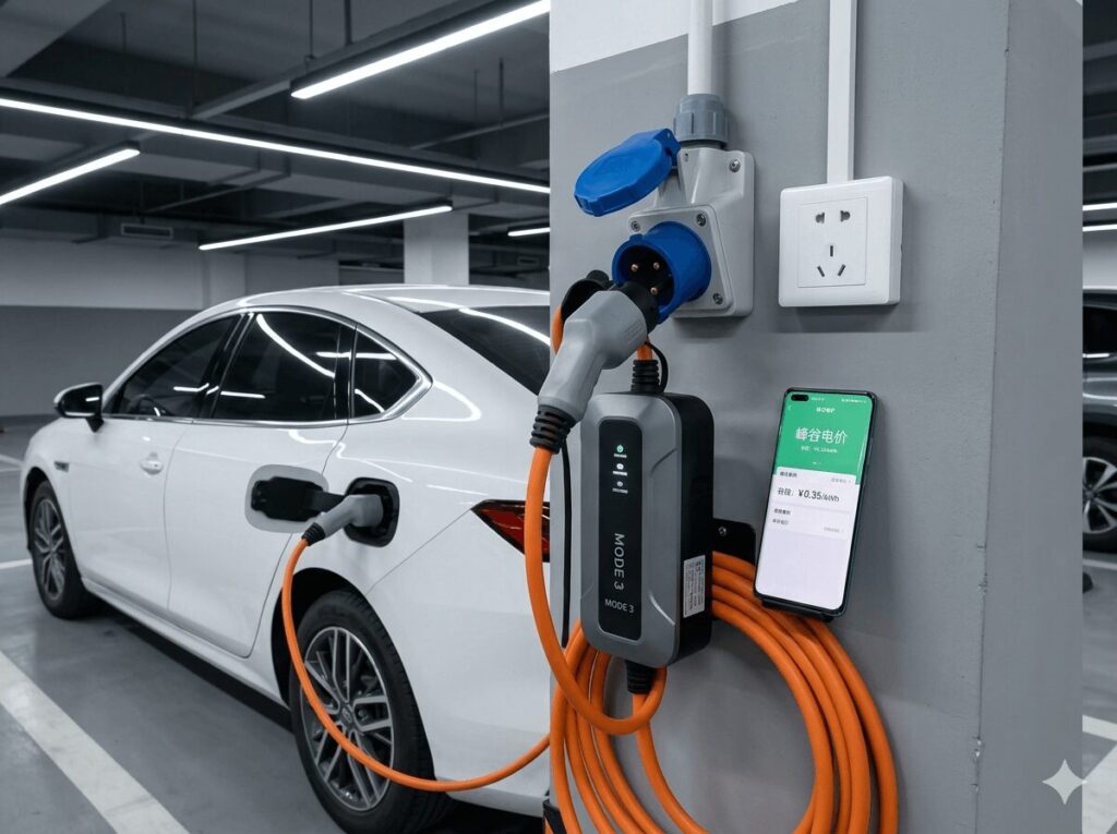 portable vs hardwired home EV chargers best options for Chinese apartment dwellers 32A commando socket with Mode 3 portable EVSE plugged in next to standard 16A socket for size comparison