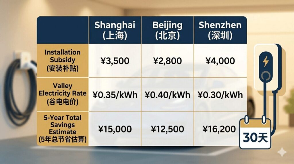 local utility rebates for EV charging 2026 Shenzhen Shanghai Beijing how much can you save infographic showing city skylines smartphone EV app and yuan rebate graphics