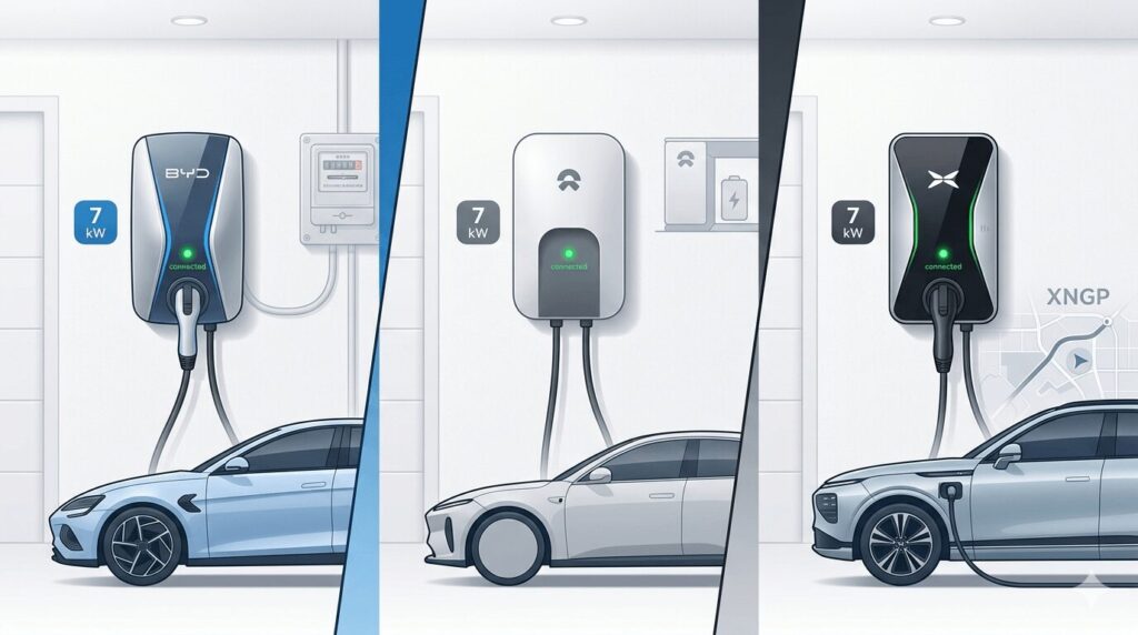 Comparison infographic for BYD vs NIO vs Xpeng which EV maker sells the best home charging bundle in 2026 showing three home chargers on a garage wall with BYD Seal, NIO ET5, and Xpeng G9 vehicle silhouettes
