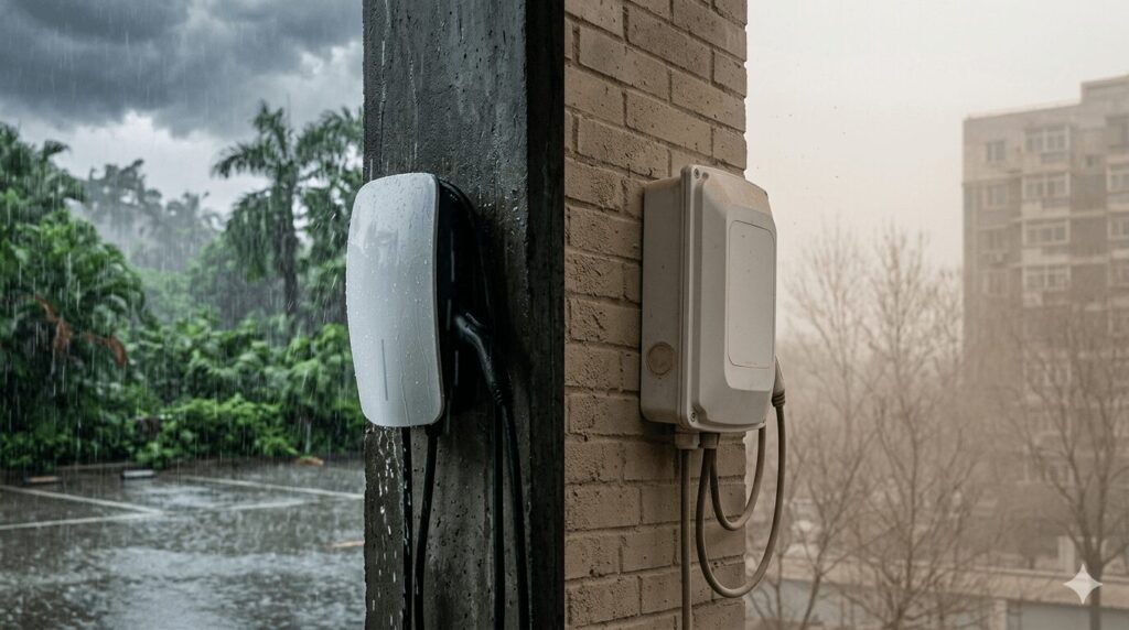 Weatherproof EV chargers 2026 IP ratings for humid southern China vs dusty northern China — split comparison showing a rain-soaked Guangzhou parking area with an IP66 charger surviving monsoon rain, and a dust-storm Beijing parking area with an IP65 charger remaining dust-tight