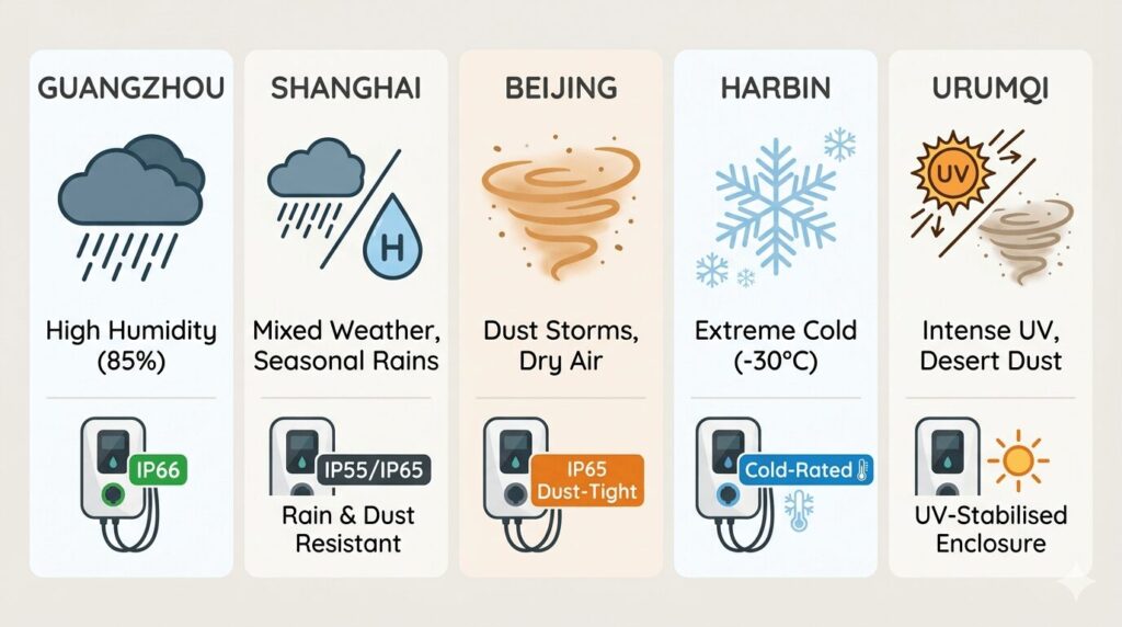 Weatherproof EV chargers 2026 IP ratings for humid southern China vs dusty northern China — regional climate zones infographic showing Guangzhou monsoon humidity, Beijing dust storms, Harbin extreme cold, Urumqi UV exposure, and Shanghai basin humidity