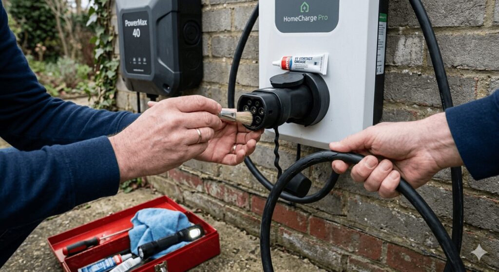 Hands cleaning EV charger connector pins with brush and applying dielectric grease during annual maintenance check with two charger units visible in background — EV charger maintenance 2026 brand comparison US Grizzl-E vs Europe Wallbox requires connector inspection and cleaning every 6-12 months regardless of which brand you choose