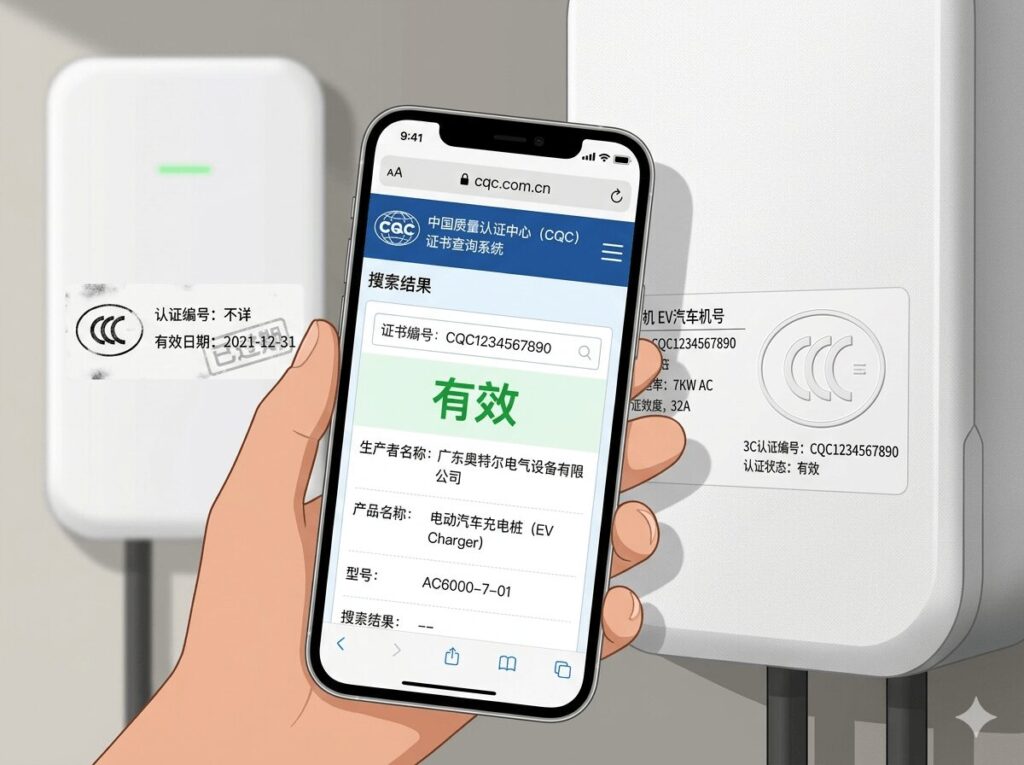 3C certification and EV chargers 2026 why buying non-certified chargers is dangerous in China — close-up of a smartphone displaying the CQC certificate verification website showing a valid 3C certification result next to a genuine certification label on an EV charger, with a blurred counterfeit label in the background showing an expired fake certificate