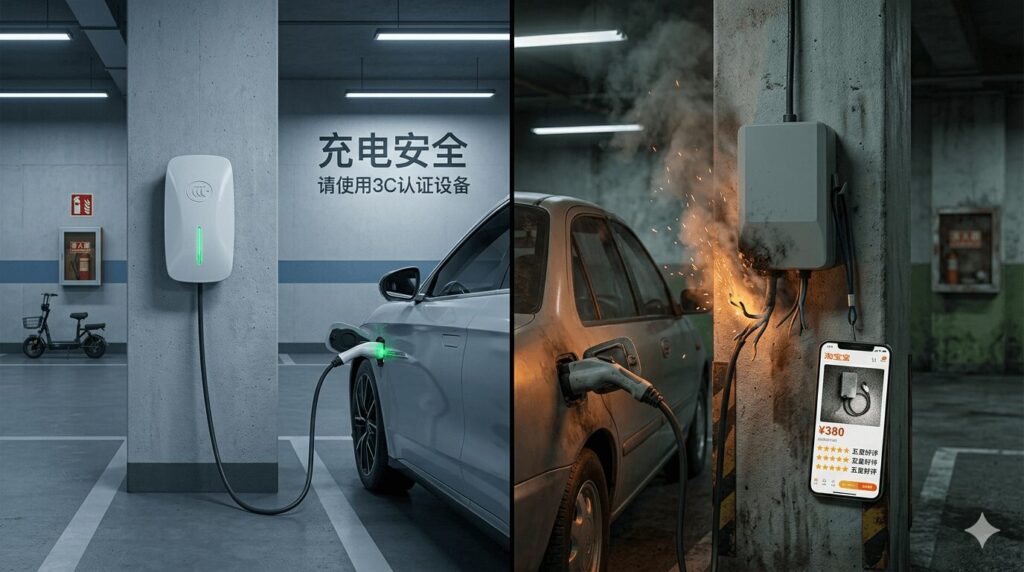 3C certification and EV chargers 2026 why buying non-certified chargers is dangerous in China — split image showing a safe certified charger on a concrete wall beside a smoking uncertified charger from Taobao with sparks and a ¥380 price tag on a smartphone screen, underground car park setting with a BYD electric vehicle connected on the safe side