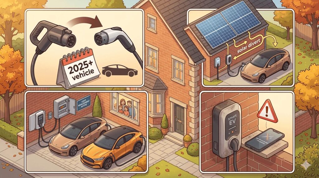 When to upgrade your EV charger signs in 2026 for US and Europe users — illustrative guide showing four key upgrade triggers: J1772 to NACS connector transition for 2025+ vehicles, solar panel integration and solar divert capability missing from older chargers, second EV household with load management requirements, and obsolete smart charger with discontinued app support — all essential signs that home EV charger replacement is needed in 2026 for both US and European electric vehicle owners.
