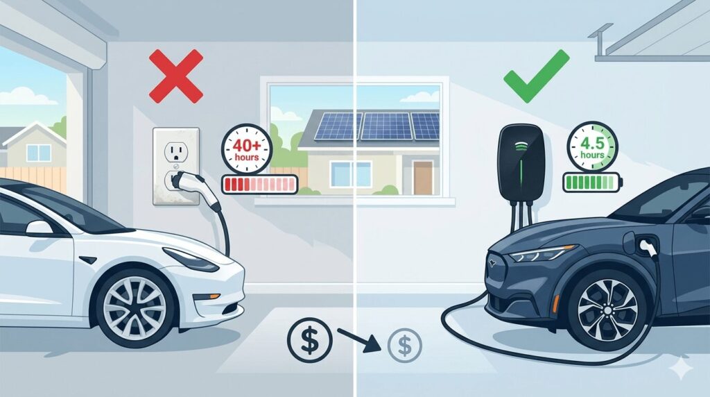 When to upgrade your EV charger signs in 2026 for US and Europe users — comparison illustration showing Level 1 wall outlet charging taking 40+ hours versus Level 2 smart home EV charger completing charge in 4.5 hours, highlighting the financial and time benefits of upgrading your home EV charger in 2026 for both US and European EV owners.