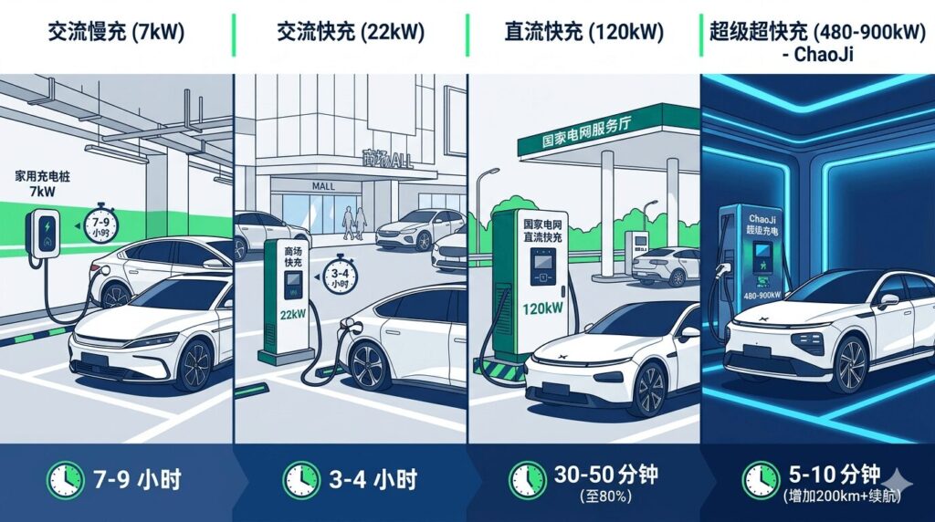 EV charging guide 2026 slow vs fast vs ultra-fast differences in the Chinese market showing four speed categories from 7 kW home AC charging to 900 kW ChaoJi ultra-fast charging with BYD, NIO, Xpeng and State Grid charging stations