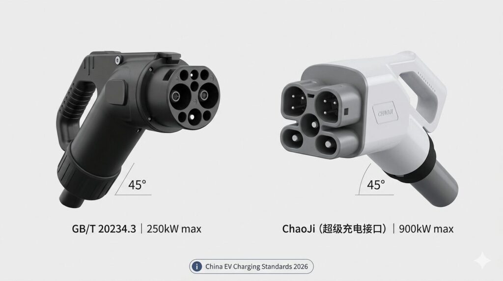 EV charging guide 2026 slow vs fast vs ultra-fast differences in the Chinese market comparing GB/T 20234.3 DC connector on the left with ChaoJi 900kW ultra-fast connector on the right showing the physical and power differences between Chinese charging standards