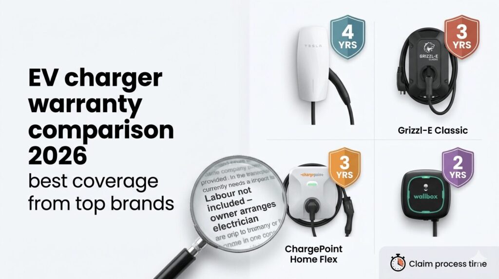 EV charger warranty comparison 2026 best coverage from top brands showing Tesla 4-year badge, Grizzl-E 3-year, ChargePoint 3-year, and Wallbox 2-year with magnified fine print highlighting labour exclusions and claim time icon.