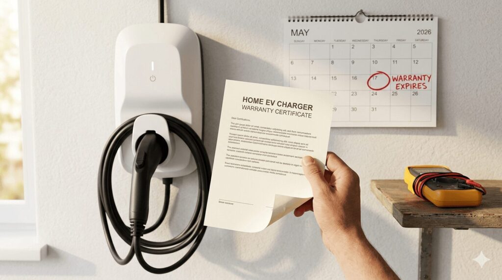 Homeowner reviewing EV charger warranty comparison 2026 best coverage from top brands document next to wall-mounted charger with expiry date circled on calendar and diagnostic tool nearby.