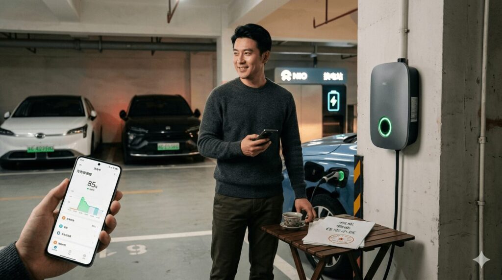 Chinese EV owner checking smartphone charging app next to home wall charger in underground garage illustrating BYD vs NIO vs Xpeng which EV maker sells the best home charging bundle in 2026 with property management documents visible
