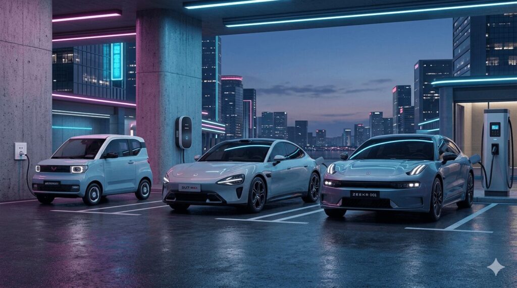 Charging guide for Xiaomi SU7 Zeekr and Wuling Mini EV compact vs performance charging comparison showing three vehicles lined up at modern charging stations in China
