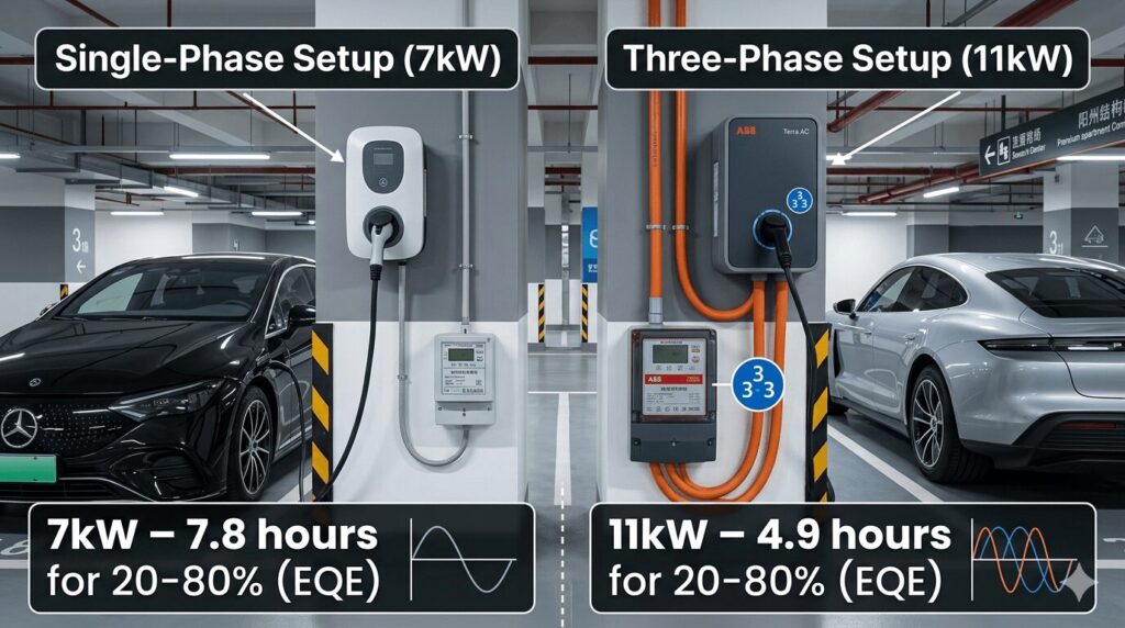 luxury EV charging 2026 Porsche Taycan BMW i5 Mercedes EQE best home solutions for China's 1 percent — comparison infographic of single-phase 7kW vs three-phase 11kW home charging setups in a Chinese luxury apartment parking garage, showing faster charging times for Porsche Taycan, BMW i5, and Mercedes EQE with three-phase supply.
