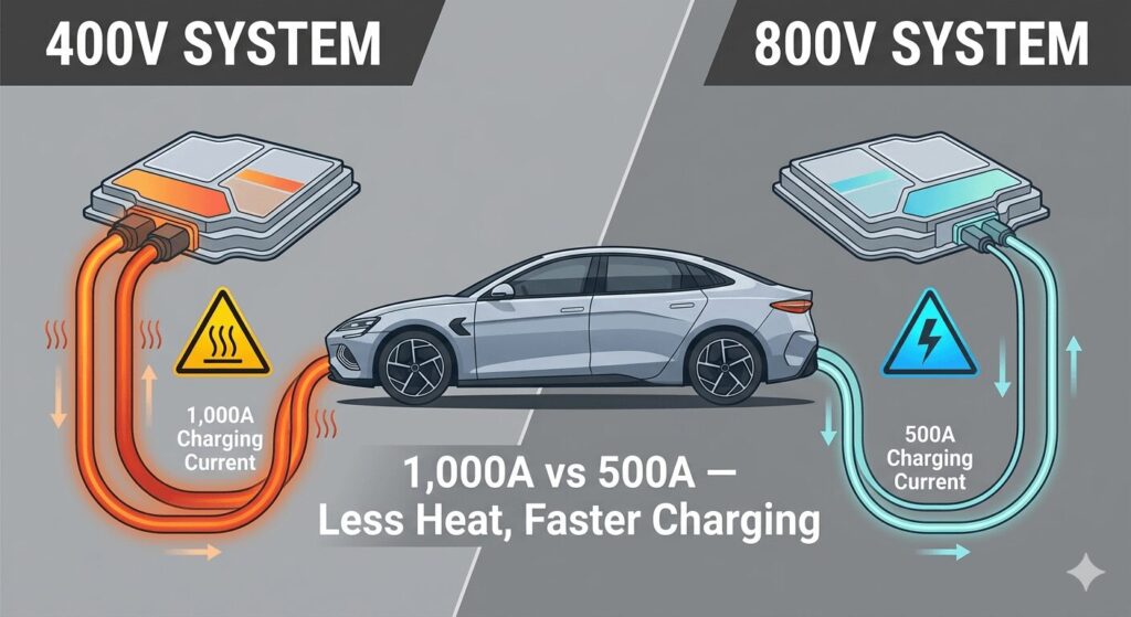 understanding EV charger specs 2026 kW amps 800V architecture and the new GB standards comparison infographic showing 400V architecture requiring 1000A current versus 800V architecture requiring 500A current for the same power delivery