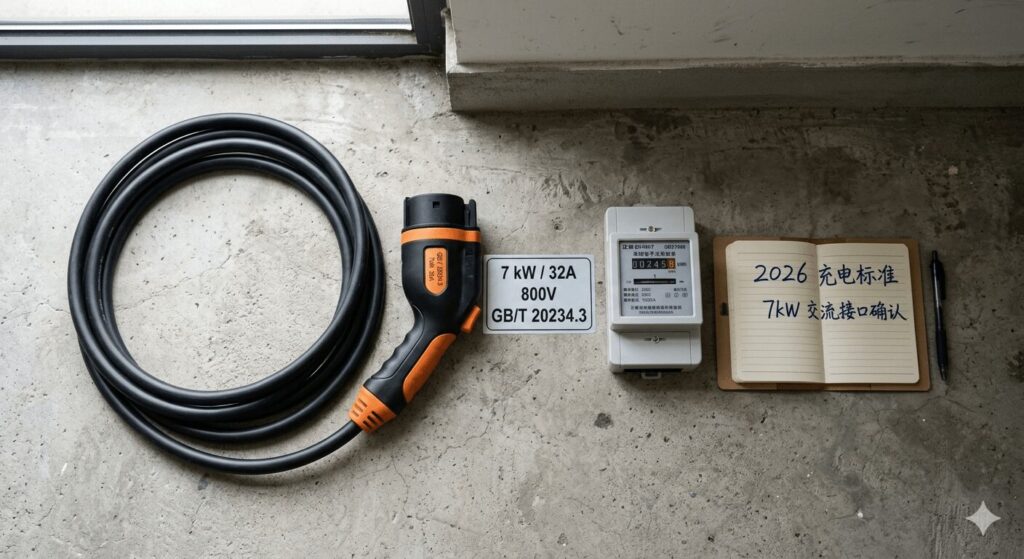 understanding EV charger specs 2026 kW amps 800V architecture and the new GB standards featured image showing a GB/T charging connector with technical specification sticker, Chinese electrical meter, and 2026 charging standard notebook