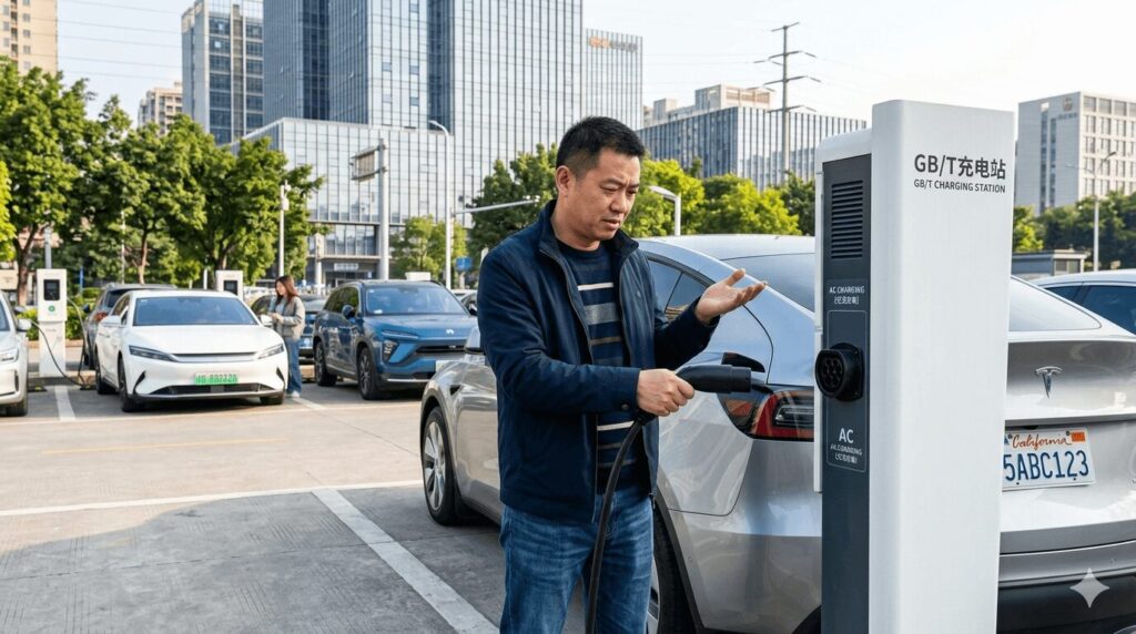 GB/T vs NACS vs CCS which EV charger plug do you actually need in China in 2026 — a North American NACS vehicle owner unable to connect to a Chinese GB/T public charging station, illustrating the core compatibility problem